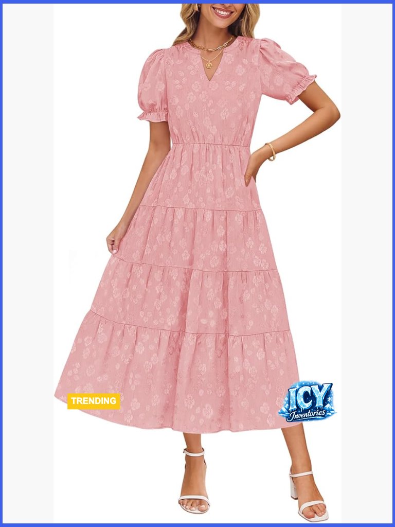 100% Polyester Floral Textured Midi Dress With Puff Sleeves